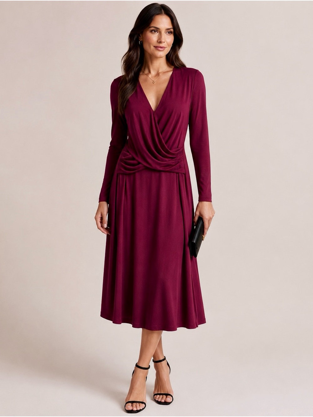 Connected Apparel Burgundy Ruched Wrap Midi Dress Long Sleeve Size 14